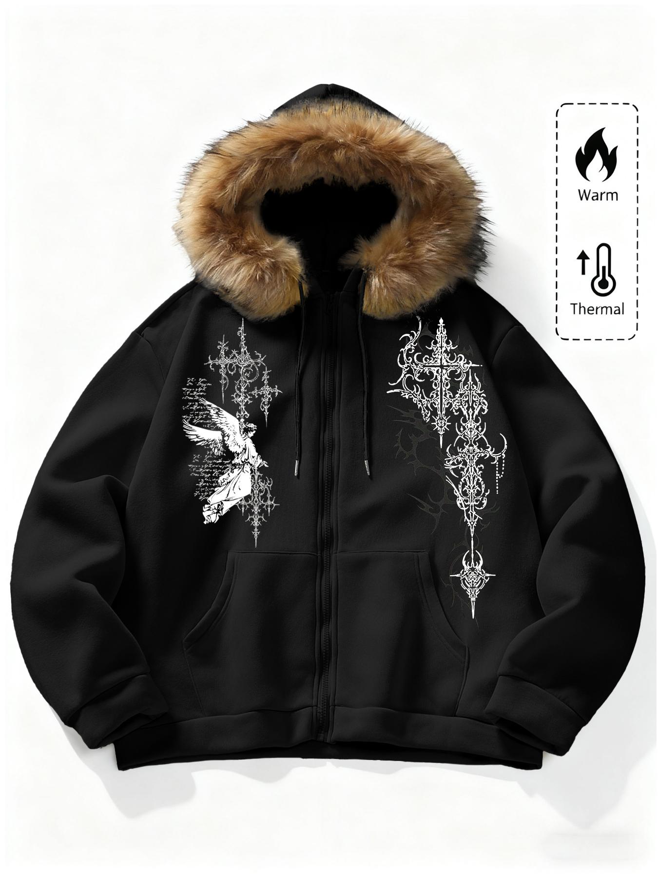Unisex Y2K Gothic Angel Print Hooded Jacket, Fleece Lined, Zipper
