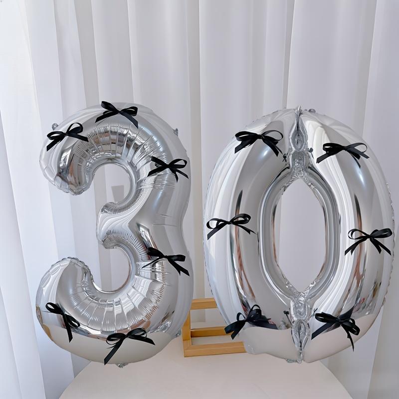 15pcs black bow style silver aluminum foil balloon set, including 2 balloons, 12 black bows and glue, suitable for birthday parties, Birthday decorations, graduation ceremony decoration and photo props