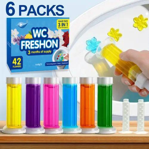 Long lasting flower shaped bathroom freshener, keep toilet bowl fresh and fragrant, clean home scent, 6 pack of toilet gel stamps, 72 stamps 6 scents toilet bowl cleaner gel. Long lasting flower shaped bathroom freshener, keep toilet bowl fresh and fragrant, clean home scent, 6 pack of toilet gel stamps, 72 stamps 6 scents toilet bowl cleaner gel.