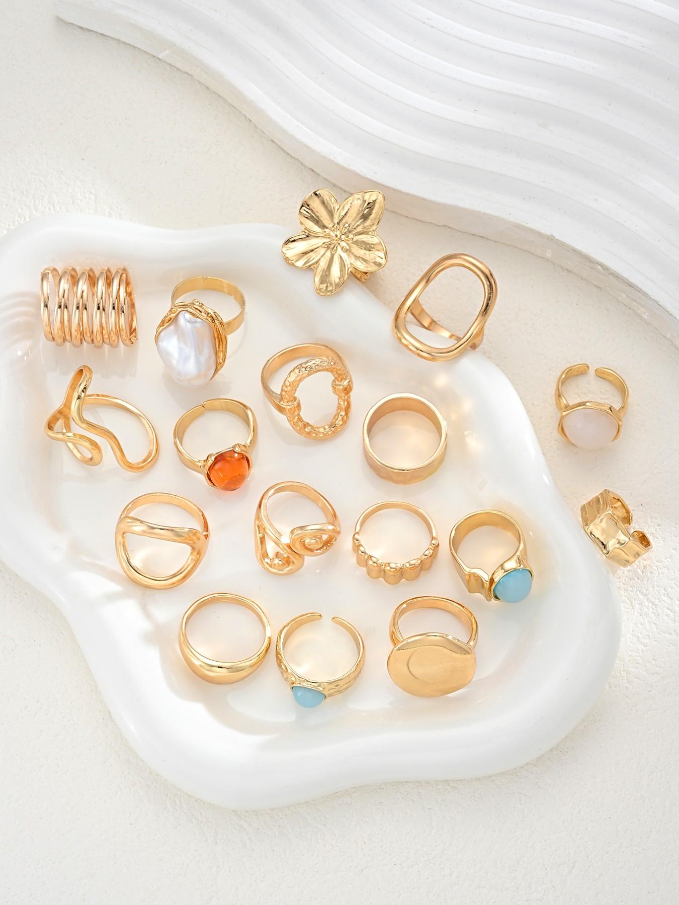 17-Piece Ring Set, Metal Colorful Gemstone Floral Imitation Pearl, Boho Style, Wide Band, Stackable Rings, Party, Date, Birthday Gift
