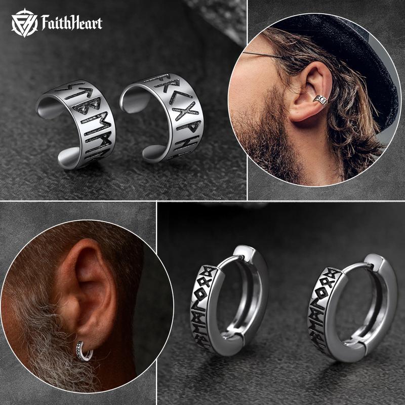 FaithHeart Norse Viking Runes Ear Cuffs Hoop Earrings for Women Men Gothic Jewelry Father's Day gift