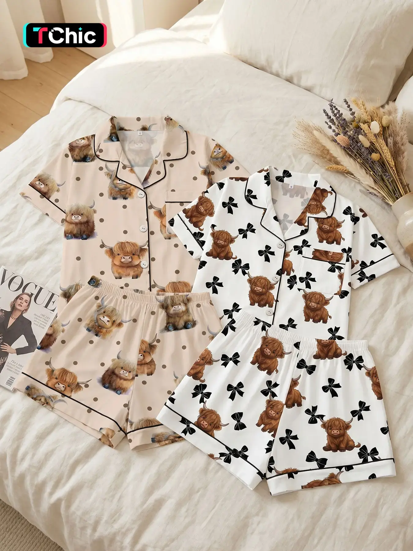 Women's 2 Pack Short Sleeve Button Down Top and Shorts Pajama Set, Spring Summer Wear, Dayjama Style Highland Cow Print Set, Loose Fit, Casual Loungewear for Home & Errands Pjs Pyjamas Nightwear