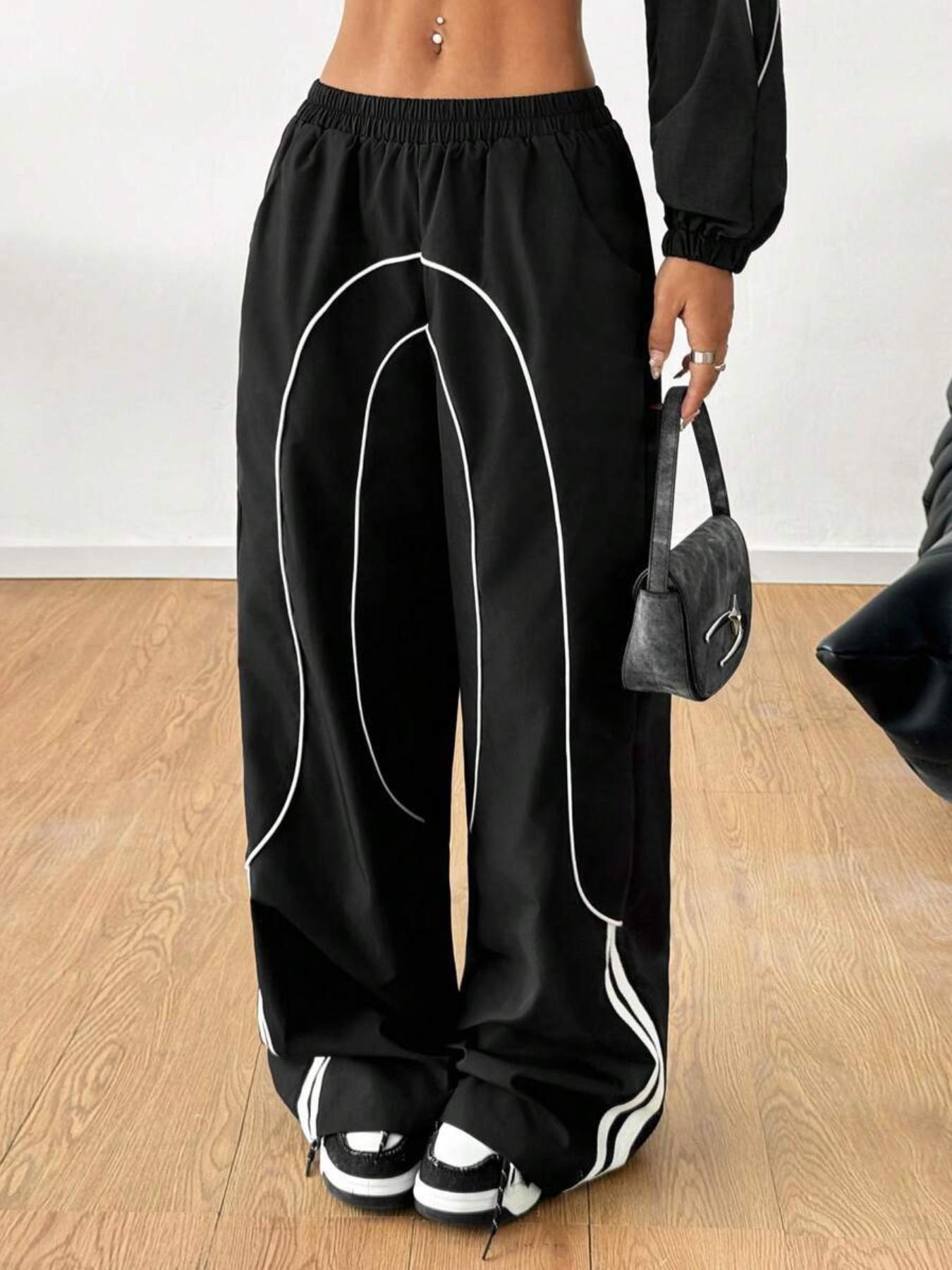 Fashionable American High Street Style Patchwork Design Sporty Women's Long Pants, Loose-Fitting Drop Waist, Elastic Waist, All Seasons