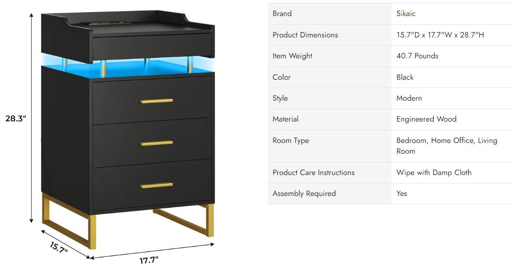 Sikaic LED Nightstand With Charging Station And 3 Drawers And 1 Pull-Out Tray Led Nightstand Furniture Home Table Bedroom
