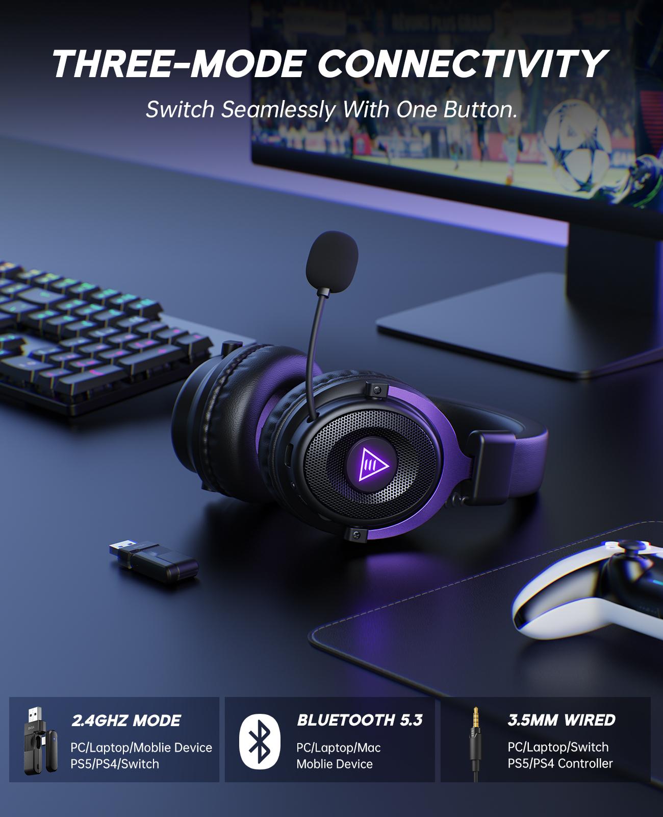 2.4GHz Wireless Gaming Headset, USB & Type-C, 30ms Low Latency, Over Ear Wired&Bluetooth Gaming Headset with Microphone for PC/PS4/PS5/Switch/Mobile/Mac, 80Hrs Playtime, RGB, Computer Headset