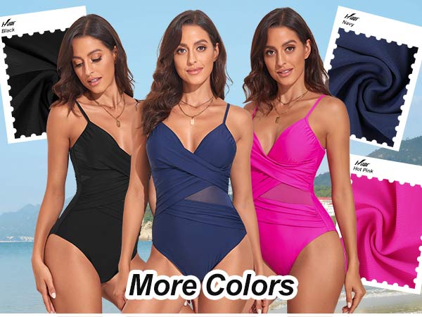Hilor Women's Tummy Control One Piece Swimsuit Slimming Surplice Mesh Bathing Suit Push Up V Neck Swimwear