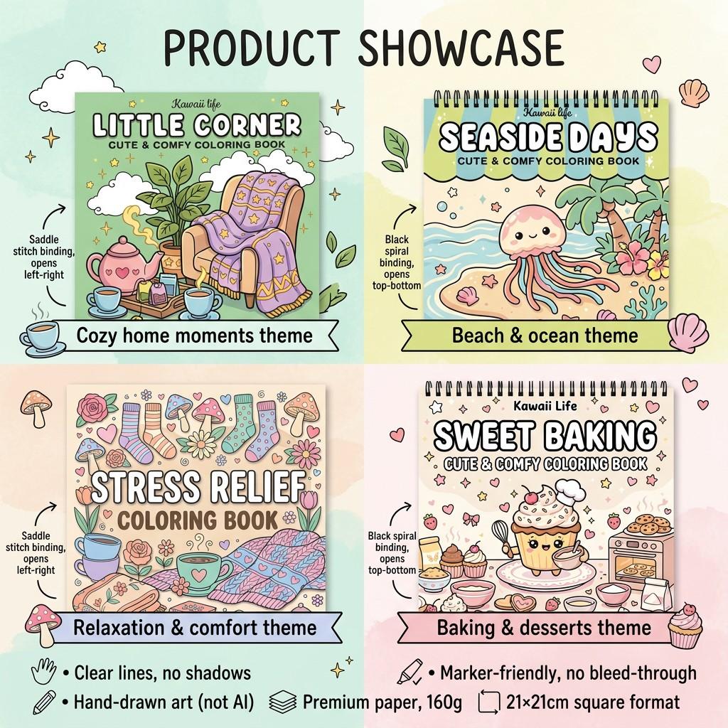 Kawaii Coloring Book Set - 4pcs Little Corner, Seaside Days & Sweet Baking Themes for Stress Relief - High-Quality Opaque Paper, Beginner-Friendly Vibrant Illustrations for Teens, Adults & Elderly - Perfect Gift for Easter, Birthdays & Holidays