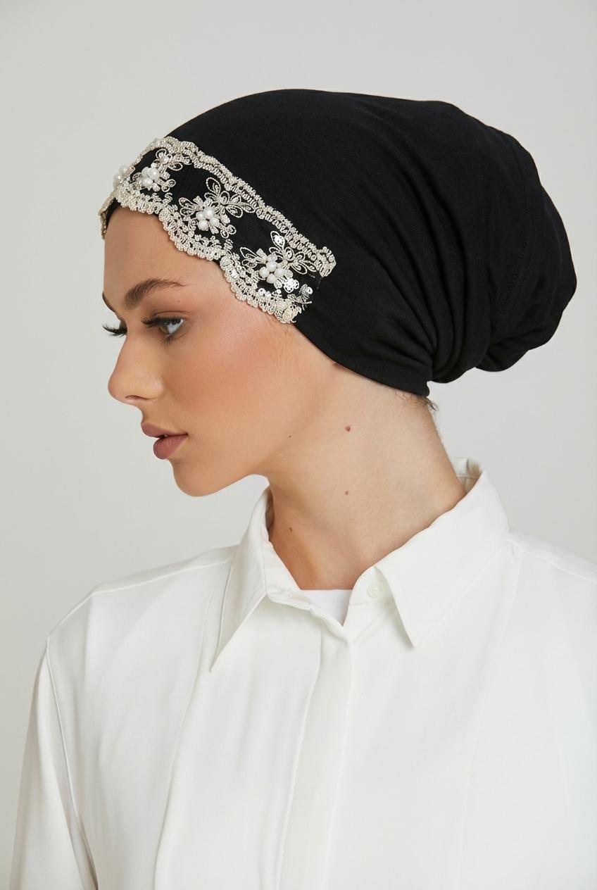 Luxurious Jersey Modal Hijab Inner Cap, Beaded Lace Muslim Hat, Elastic Comfortable Sleep Cap, Ramadan Fashion Decoration Hat, Turban Hijab