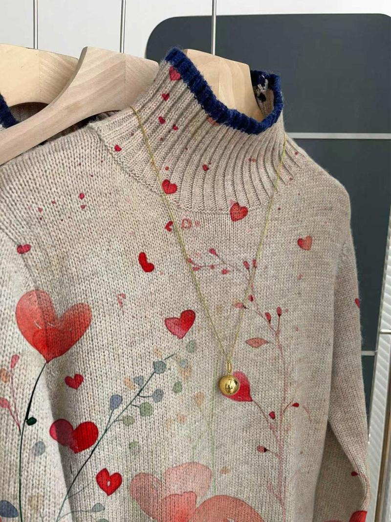 Women's Valentine's Day Knit Sweater, Heart Pattern Gradient Color Block Design, Casual Elegant Half High Neck Pullover for Spring Fall Winter