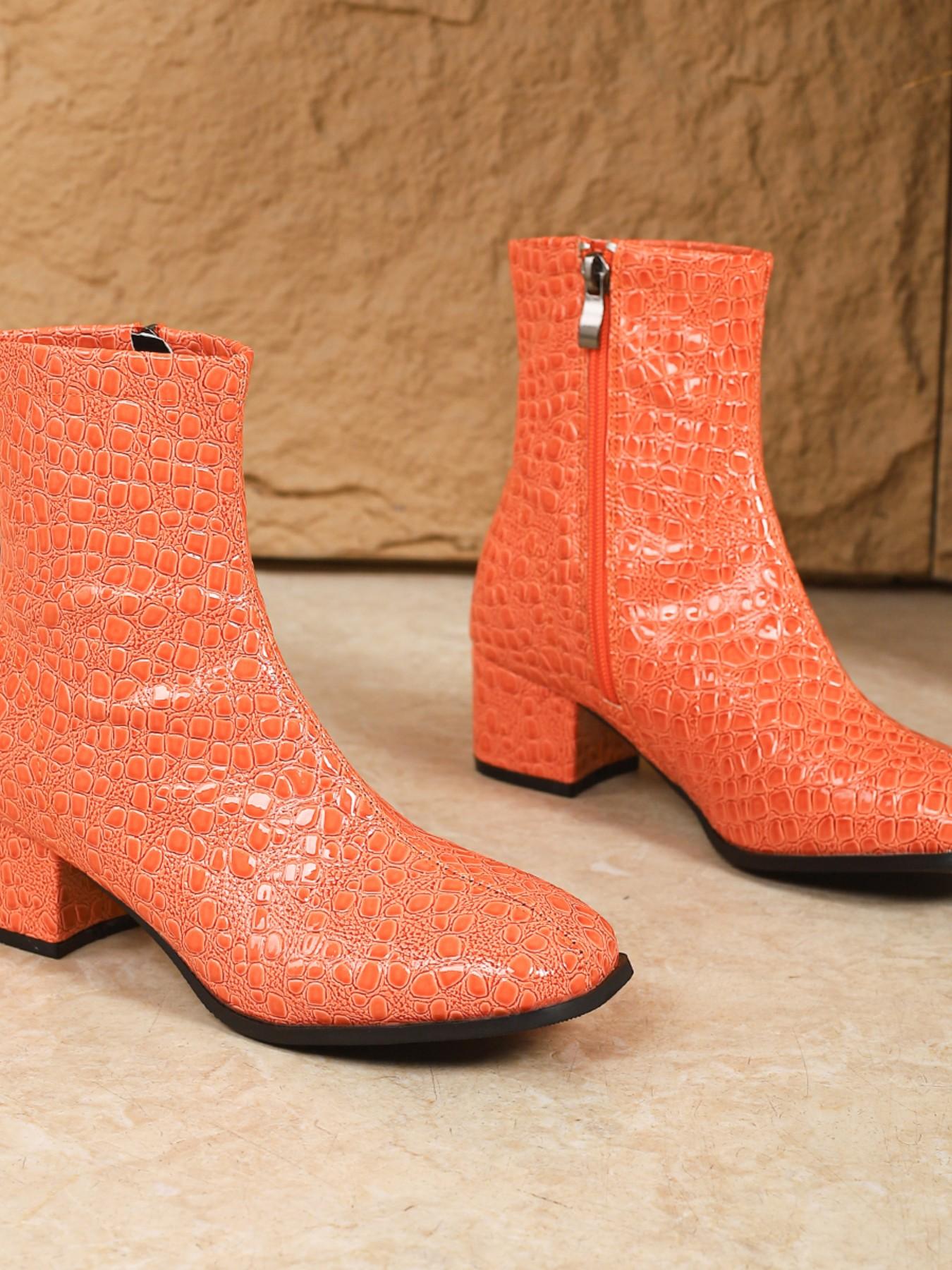 Multicolor Crocodile Pattern Square Toe Ankle Boots, Stylish Mid-Heel Side Zipper Chunky Heels for Fall & Winter, Vintage Fashion Shoes for Casual Outings, Rubber