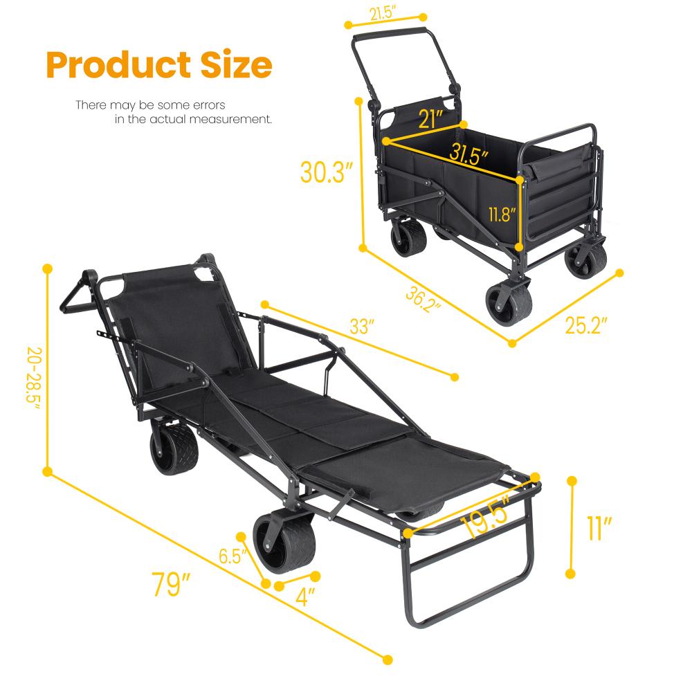 2-in-1 Multifunctional Folding Wagon Carts, Convertible Beach Chair with All-Terrain Wheels, 650lb Capacityfor Shopping Beach Camping Sports Garden, Black