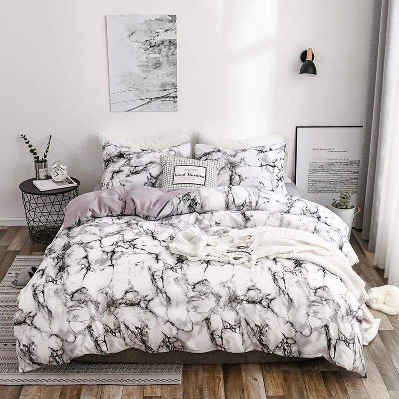 Marble Pattern Plain Color Printed Decorative Duvet Cover Set, Comfortable Bedroom Accessories, Includes 1 Fitted Sheet and 1/2 Pillowcases