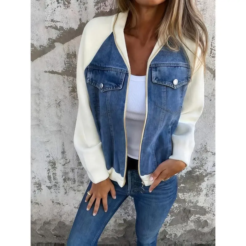 Autumn Winter Faux Denim Patchwork Jacket Lapel Zip-Up Long Sleeve Casual Fashion Coat