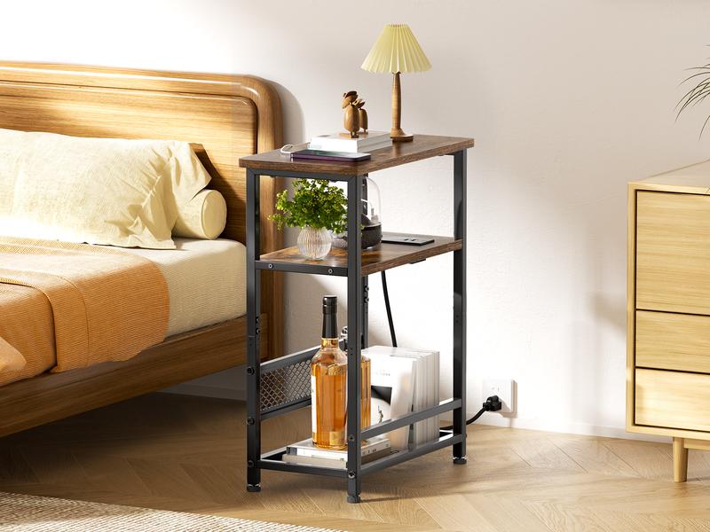 Flycity Side Table with Charging Station,2-3 Tires Narrow End Tables with USB Ports,Shelves & Magazine Rack for Small Spaces Furniture Living Room Storage Modern Nightstand Bedside Cabinet