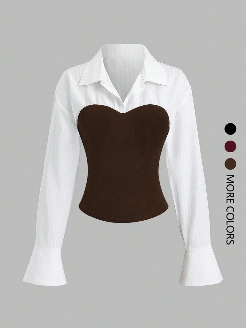 This women's white long-sleeved blouse with puff sleeves and patchwork design is elegant and versatile, suitable for everyday wear and various occasions.