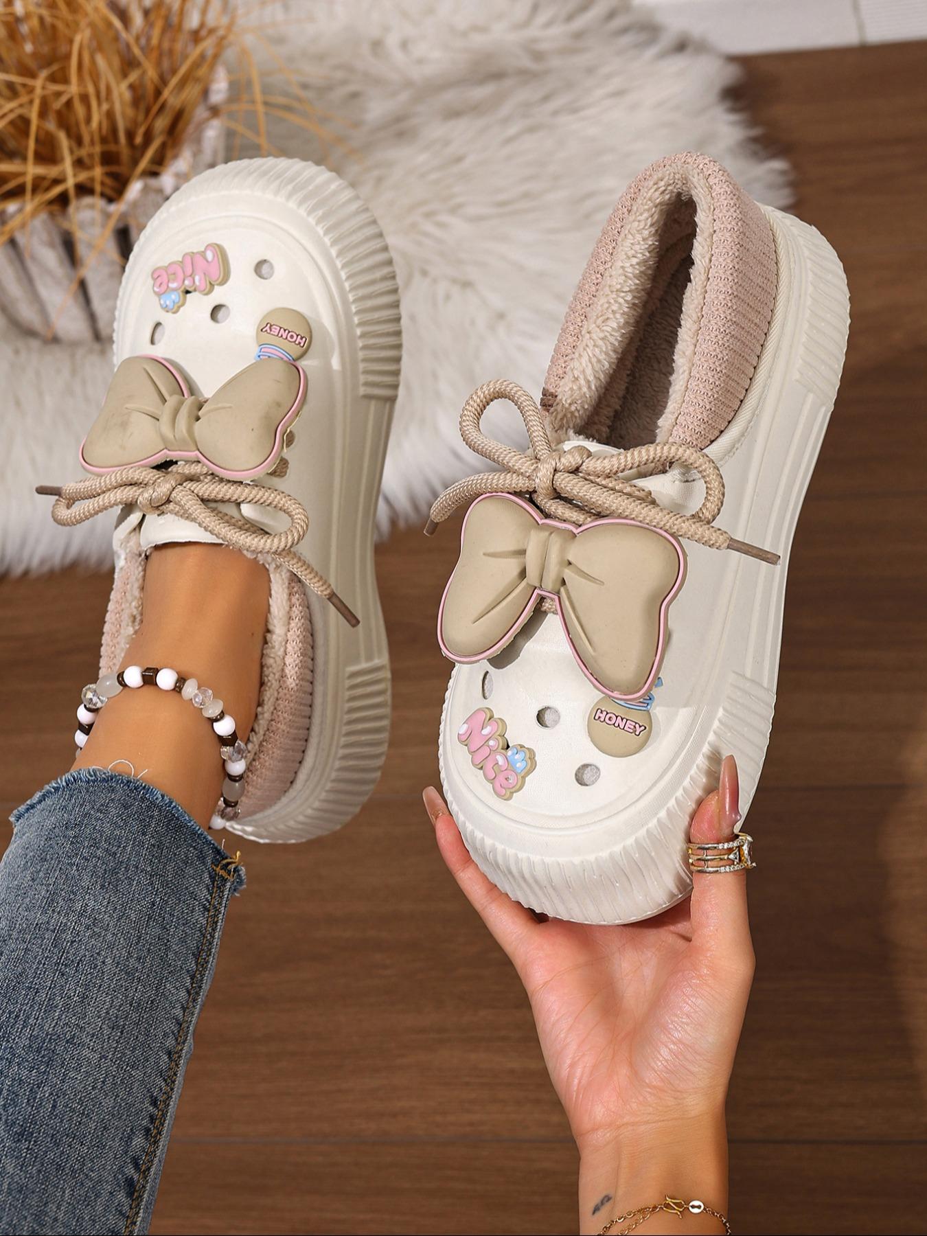 Women's Plus Size Winter Plush Fuzzy Warm Slippers, Indoor Cozy Silent Home Slippers with Cute Bowknot, Casual Shoes