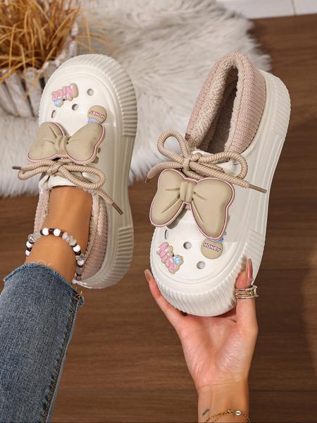 Women's Plus Size Winter Plush Fuzzy Warm Slippers, Indoor Cozy Silent Home Slippers with Cute Bowknot, Casual Shoes Women's Plus Size Winter Plush Fuzzy Warm Slippers, Indoor Cozy Silent Home Slippers with Cute Bowknot, Casual Shoes