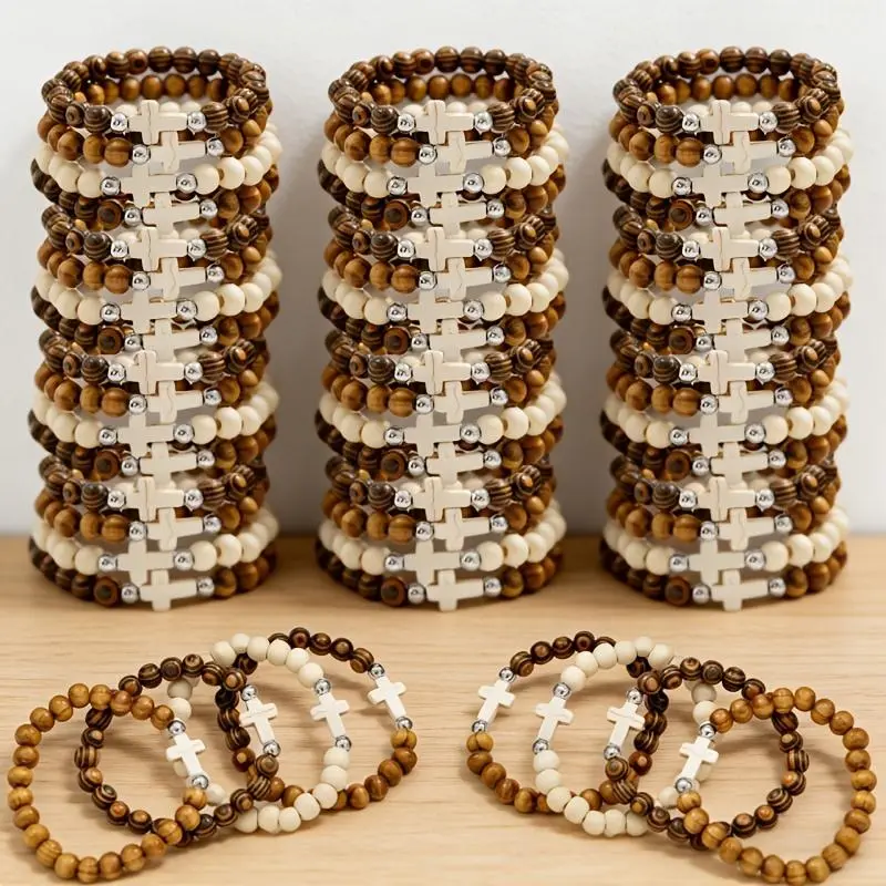 20/40Pcs Vintage Multi-Layer Cross Beaded Bracelet Bulk- Elastic Wood Bead Cross Religious Symbol, Multi-Item Party Favor Packs Layered Stackable For Daily Wear & Vacation, Wood Gift Suitable For Birthdays, Parties,,sohochic