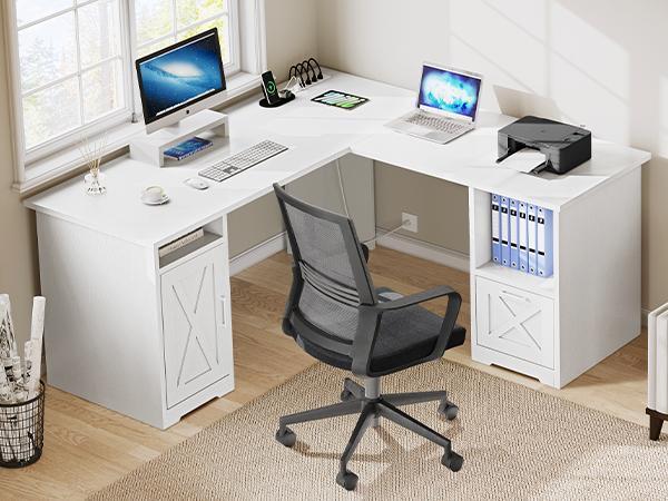 DWVO L Shaped Desk with Power Outlets, 60 Inch Computer Desk Corner Desk with File Drawer, Home Office Desk with Monitor Stand & Storage Shelves, L-Shaped Desk with File Cabinet DWVO L Shaped Desk with Power Outlets, 60 Inch Computer Desk Corner Desk with File Drawer, Home Office Desk with Monitor Stand & Storage Shelves, L-Shaped Desk with File Cabinet