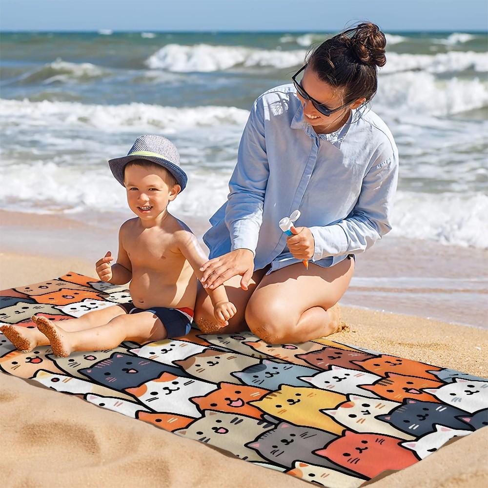 Cute Cartoon Cat Beach Towel, Trendy and Cool Print Design, Lightweight and Quick-Drying Towel, Suitable for Teens, Adults, and Children for Poolside, Vacation, Travel, and Outdoor Summer Use. Lightweight and Quick-Drying