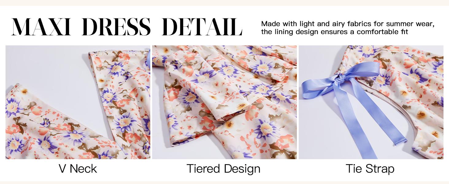 Wenrine Women’s Summer Floral Maxi Dress Tie Strap Sleeveless V Neck High Slit Boho Ruffle Tiered Beach Dresses