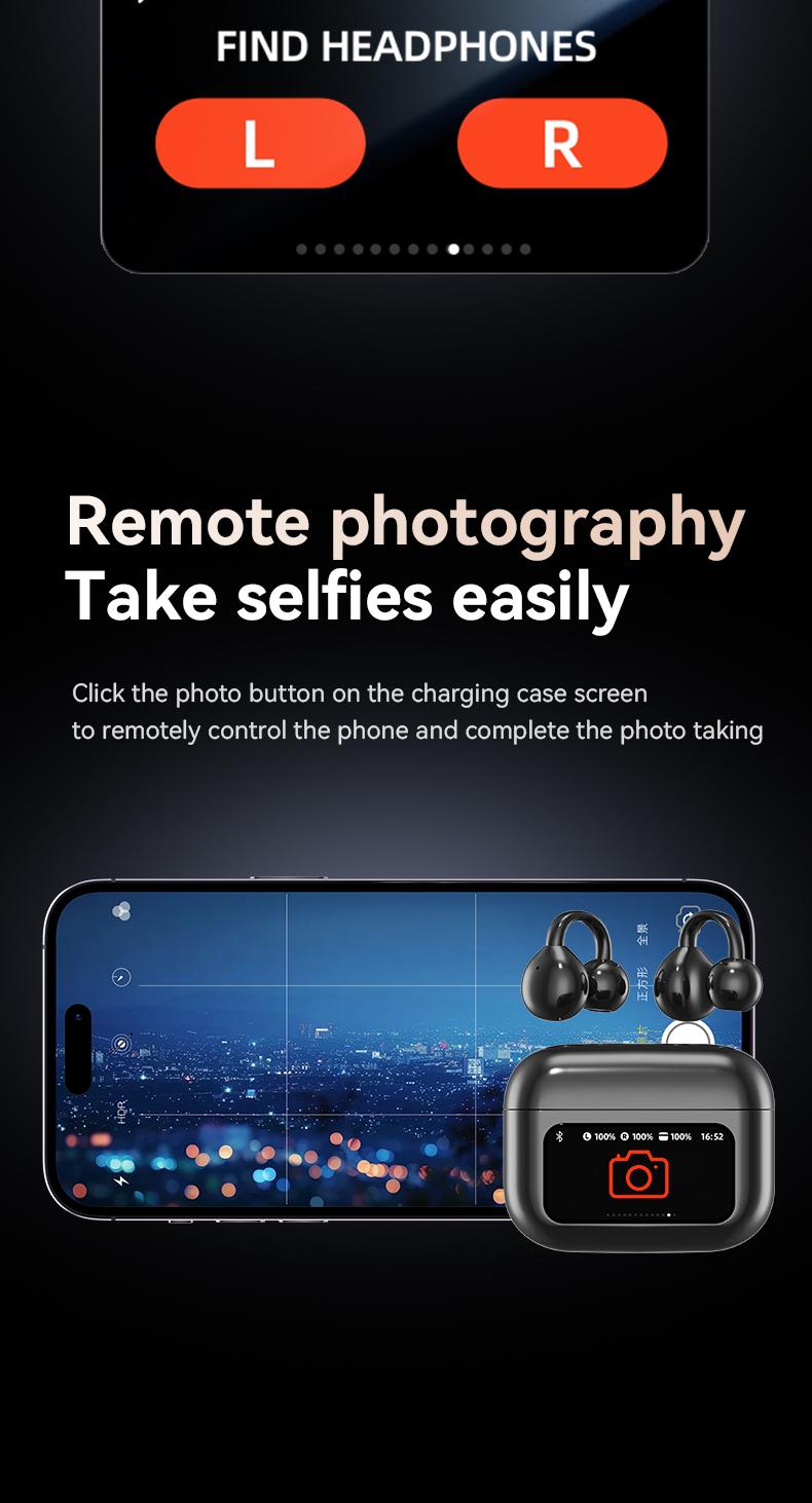 PIXNMO Clip On Ear Headphones with LCD Full Color Touch Screen, Bluetooth 5.4 Waterpfoof Earbuds, Audio Wireless Headphones for Music & Phone Calls