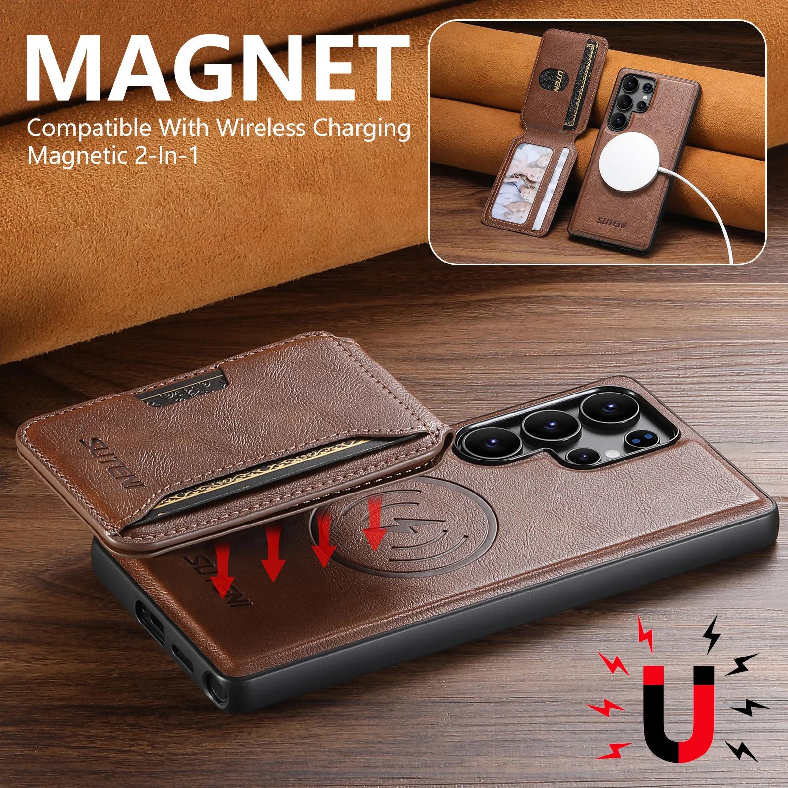 Magnet Wireless Charging Luxury Faux Leather Phone Case Card Holder Stand For Samsung Galaxy S26 Ultra S25 S24 S23 S22