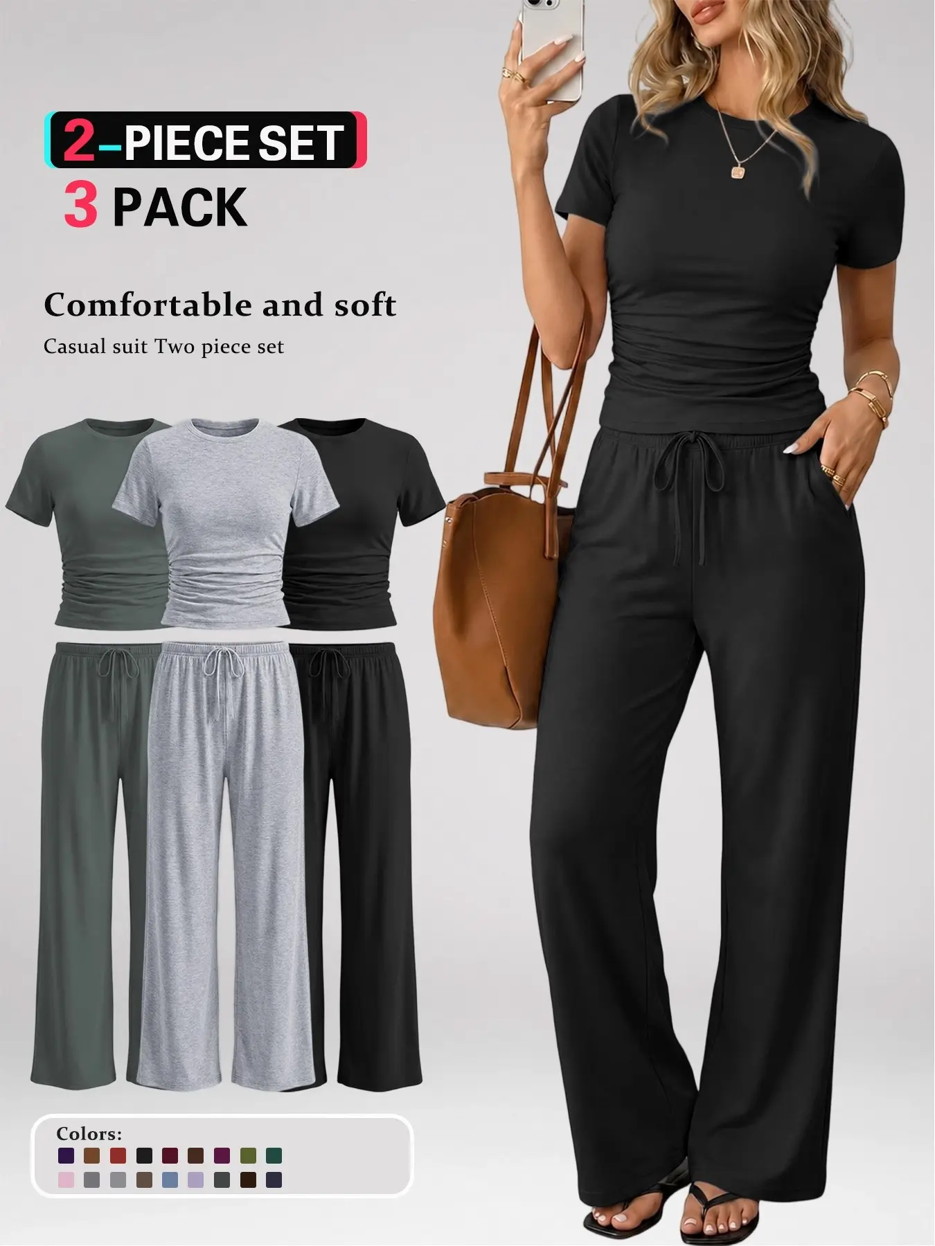 Women's 2 Piece Casual Summer Outfit Set, Short Sleeve Round Neck Top & Wide Leg Pants With Pockets, Ruched Drawstring Lounge Set, Ladies Sleepwear for All Seasons, Slim Fit Everyday Homewear, Comfy Chic Women's Clothing, Suitable for Various Occasions