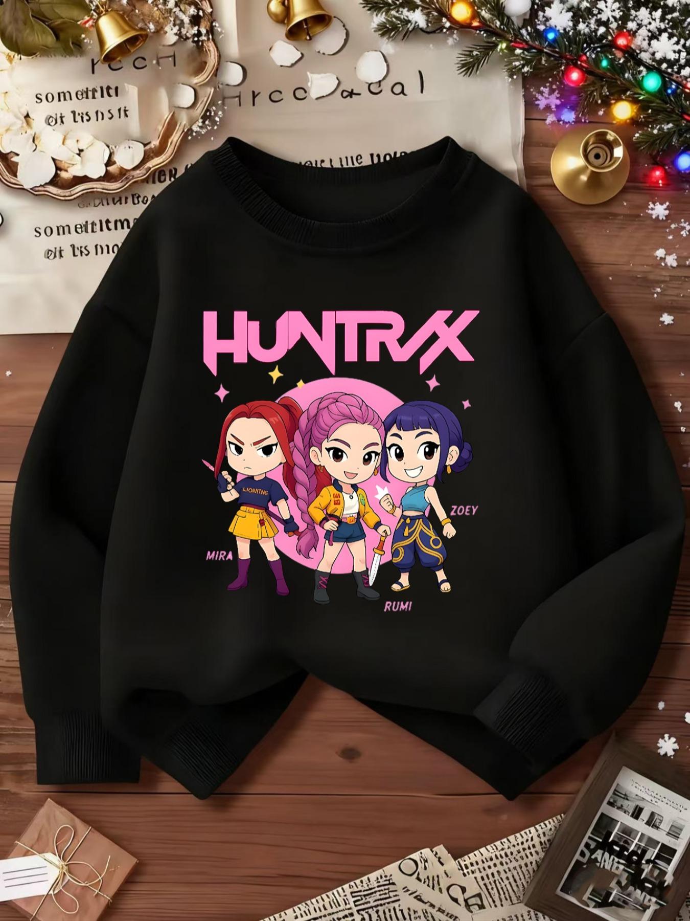 Kpop Anime Cartoon Print Elastic Fabric Girls' Casual Fitted Cute Sweatshirt, Youth Sports Wear for Outdoor & Indoor Activities