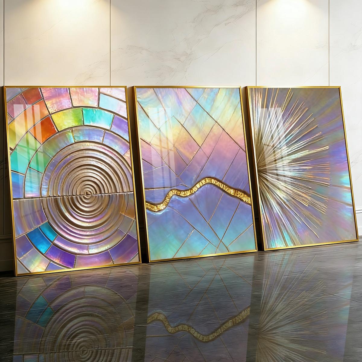 3 Counts Aluminum Alloy Framed Painting, Iridescent Abstract Geometric Art, Home Decoration For Living Room, Bedroom, Office, Restaurant, Hallway Wall Decor, Odorless Print Artwork, Luxury Perfect Gift For Friends And Family