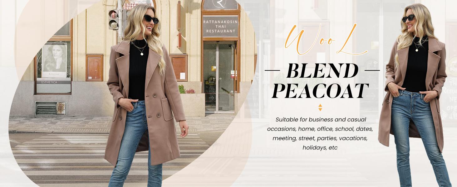 Yeokou Women's Warm Winter Wool Blend Coat Mid-Length Double-Breasted Notch Lapel Outerwear Casual Fashionable Polyester Blend