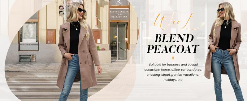 Yeokou Women's Warm Winter Wool Blend Coat Mid-Length Double-Breasted Notch Lapel Outerwear Casual Fashionable Polyester Blend