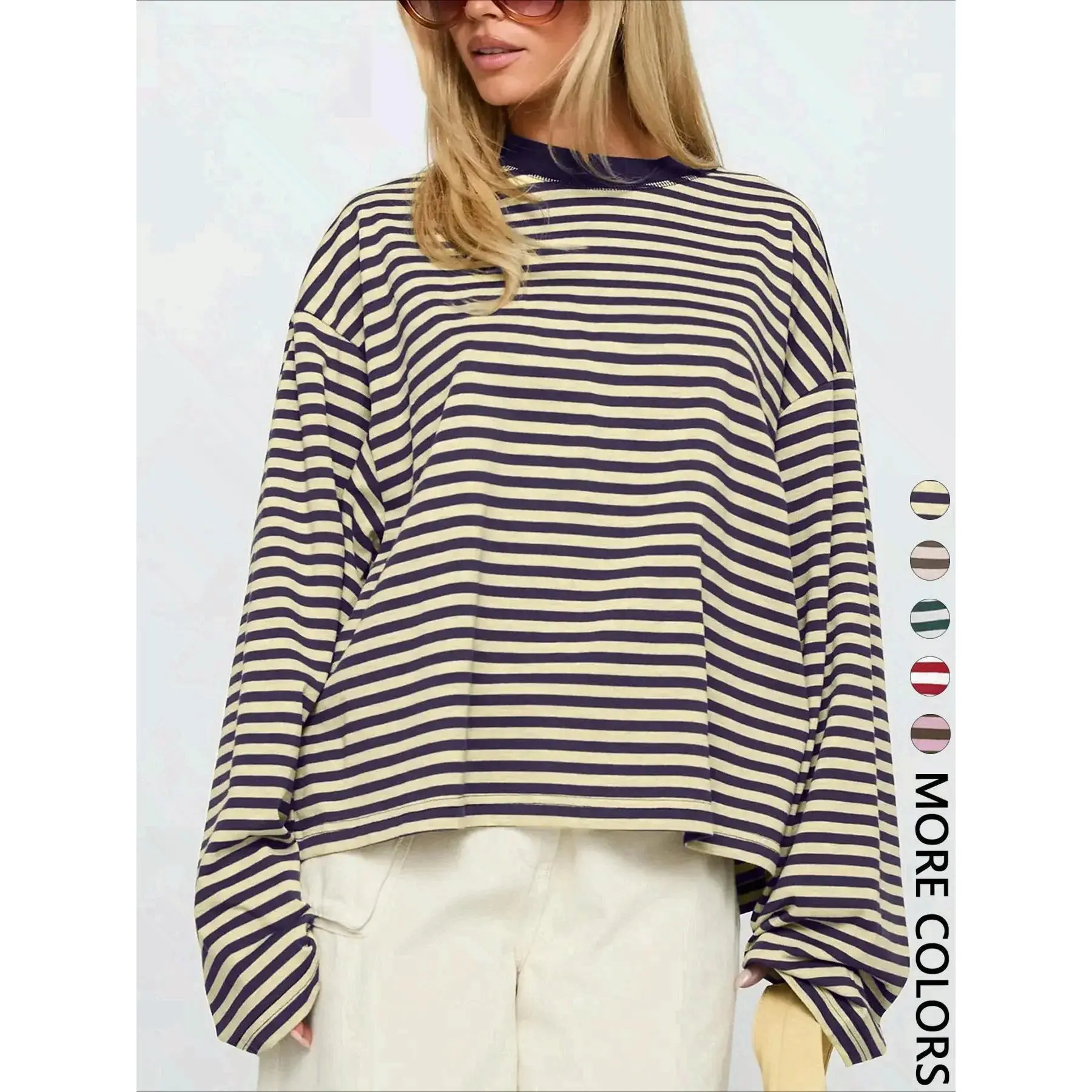 Women's Minimalist Striped Casual Long Sleeve Oversized Sweatshirt Top, Loose-Fit Kint Fabric, All Seasons Wear, Moderate Thickness