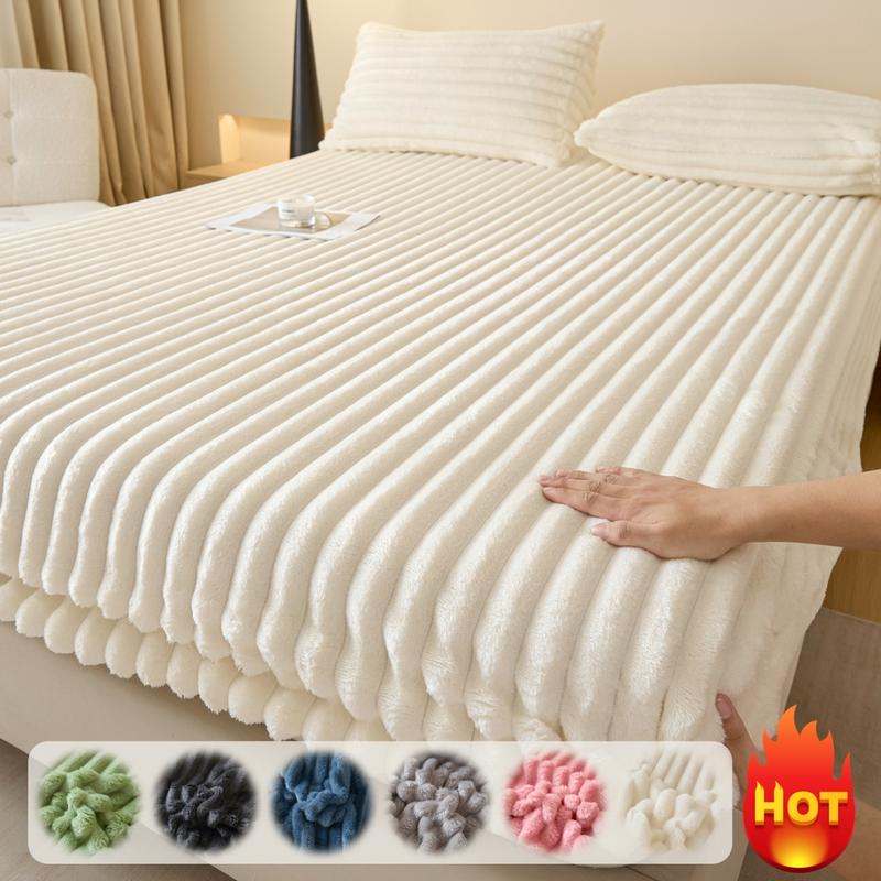 Luxury Faux Rabbit Fur Striped Fitted Sheet 3-Piece Set Soft, Warm Solid Color Bedding, Premium Set (Includes 1 Fitted Sheet + 1/2 Pillowcases), All-Season Use, Perfect for Bedroom, Dorm, Sofa Décor & Christmas Gift