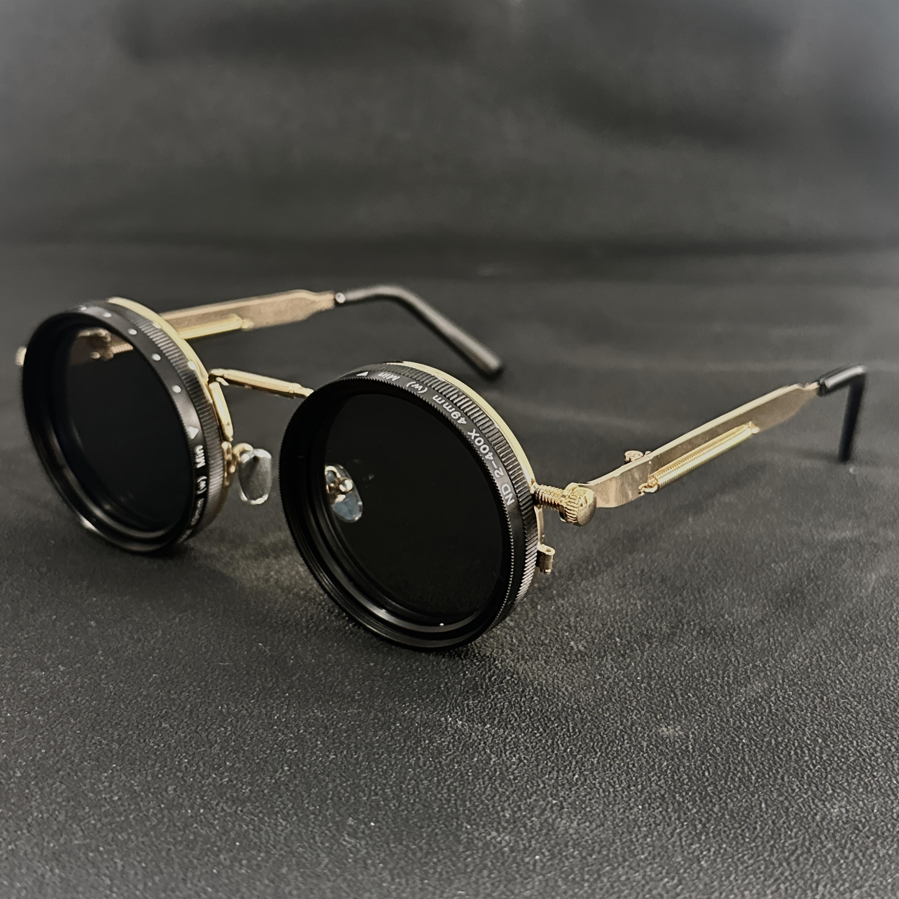 Men's Vintage Steampunk Spinner Glasses, Adjustable Brightness Alloy Frame with Black Gray Gradient Lenses, Interchangeable Lens System, Boho Style Eyewear Accessory for Parties & Casual Wear