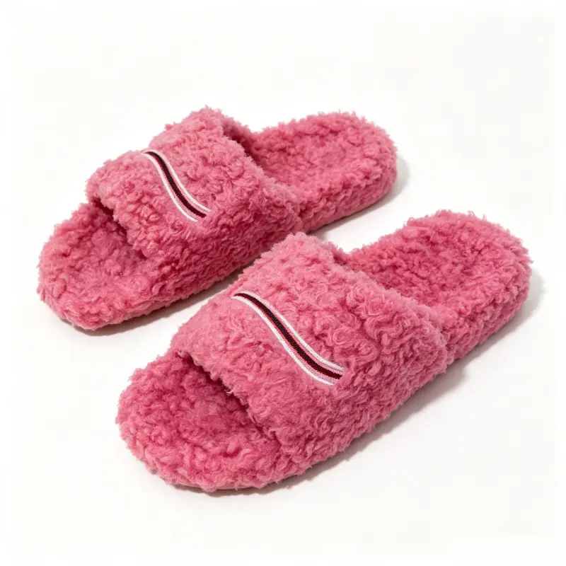 Unisex Pink Curly Fuzzy Plush Open Toe Slide Slippers, Striped Ribbon Decor Soft Furry House Shoes, Cozy Warm Flat Indoor Outdoor Casual Loungewear Footwear
