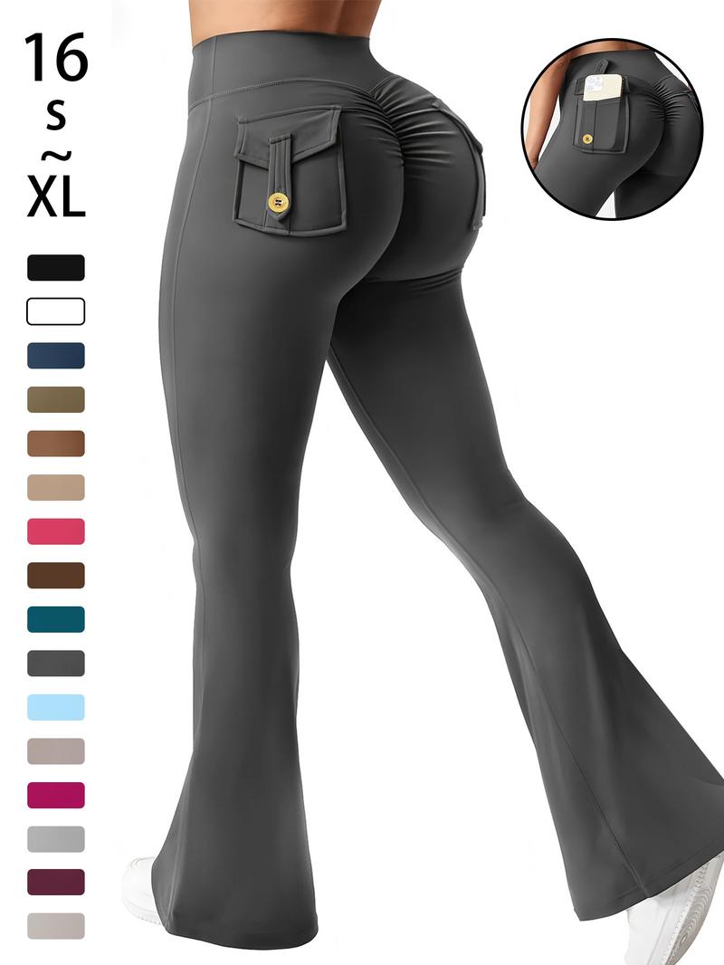 Women's High Waisted Tight Fit Flare Pants with Pockets, V-Shape Waist Design, Butt Lifting Yoga Pants, Casual Fall Winter Workout Wear, High Stretch Leggings
