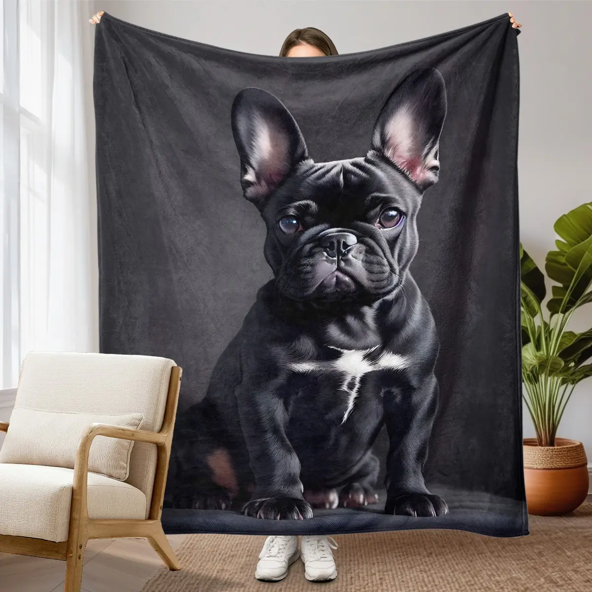 1pc Realistic Black French Bulldog Flannel Blanket, Printed with black French bulldog puppy portrait and simple solid background cute pet graphics, soft warm nap throw suitable for sofa, bed, office, shawl, camping travel, ideal as Christmas gift.