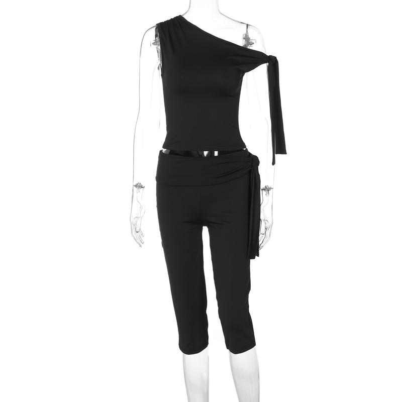 Solid Slanted Neck Lacing Design Sleeveless Top & High Waist Cropped Pants Two-Piece Set Women 2025 Summer New Casual Sexy with Ribbon Elegant Party Club Clothing Outfits