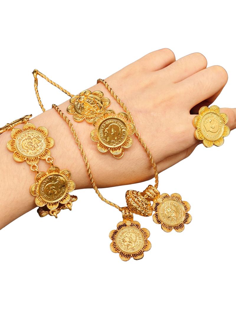 24K Gold Middle Eastern Luxury Vintage Coin Set: Multi-layered Bracelet, Necklace, Ring and Earring Collection - An Exclusive Celebratory Jewelry Gift for Women 24K Gold Middle Eastern Luxury Vintage Coin Set: Multi-layered Bracelet, Necklace, Ring and Earring Collection - An Exclusive Celebratory Jewelry Gift for Women