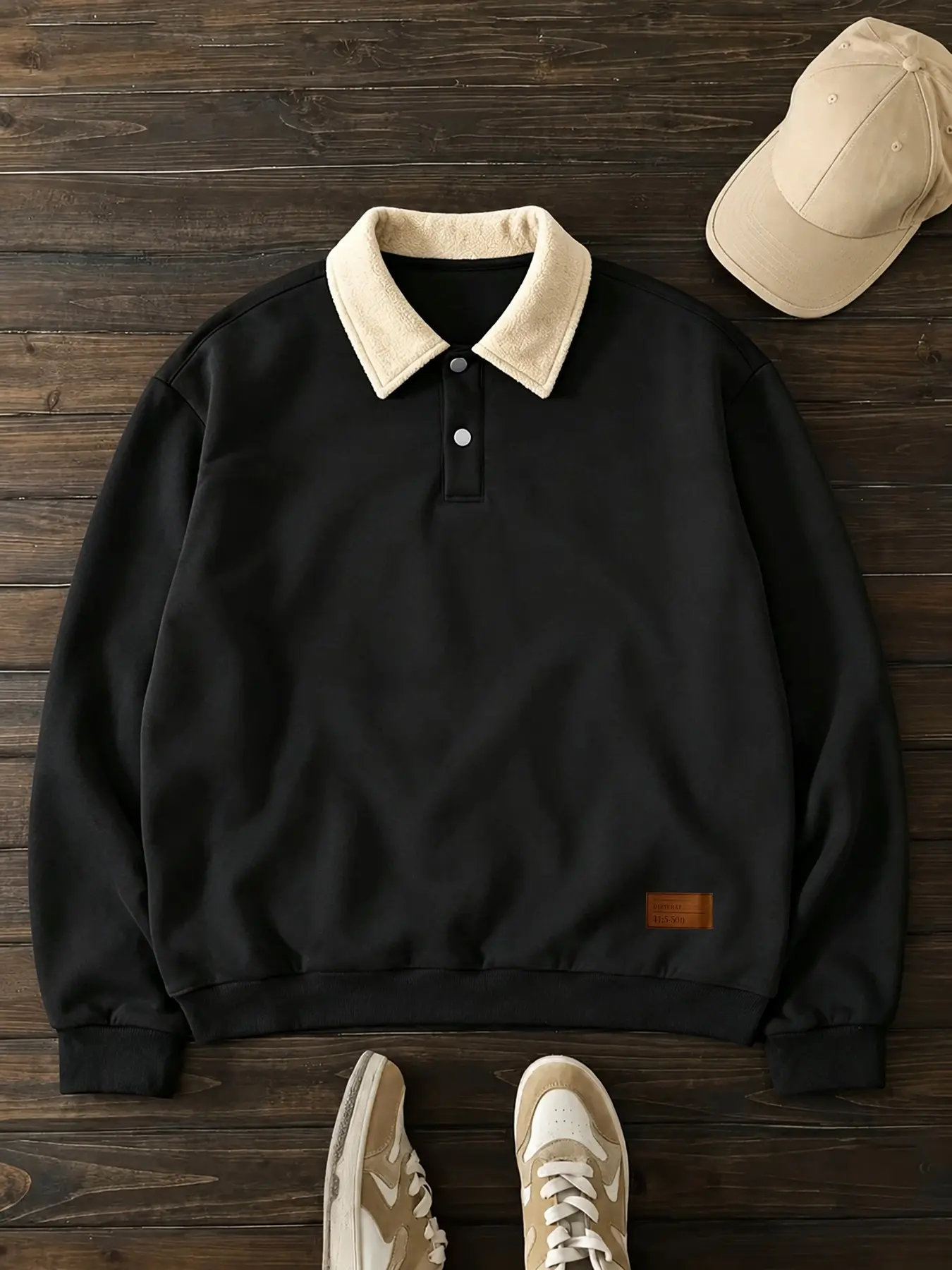 Men's Fleece Lined Polo Neck Sweatshirt, Logo Print, Casual Loose-Fit, Comfortable Fabric, Trendy Design, Perfect for Daily Wear, Tops