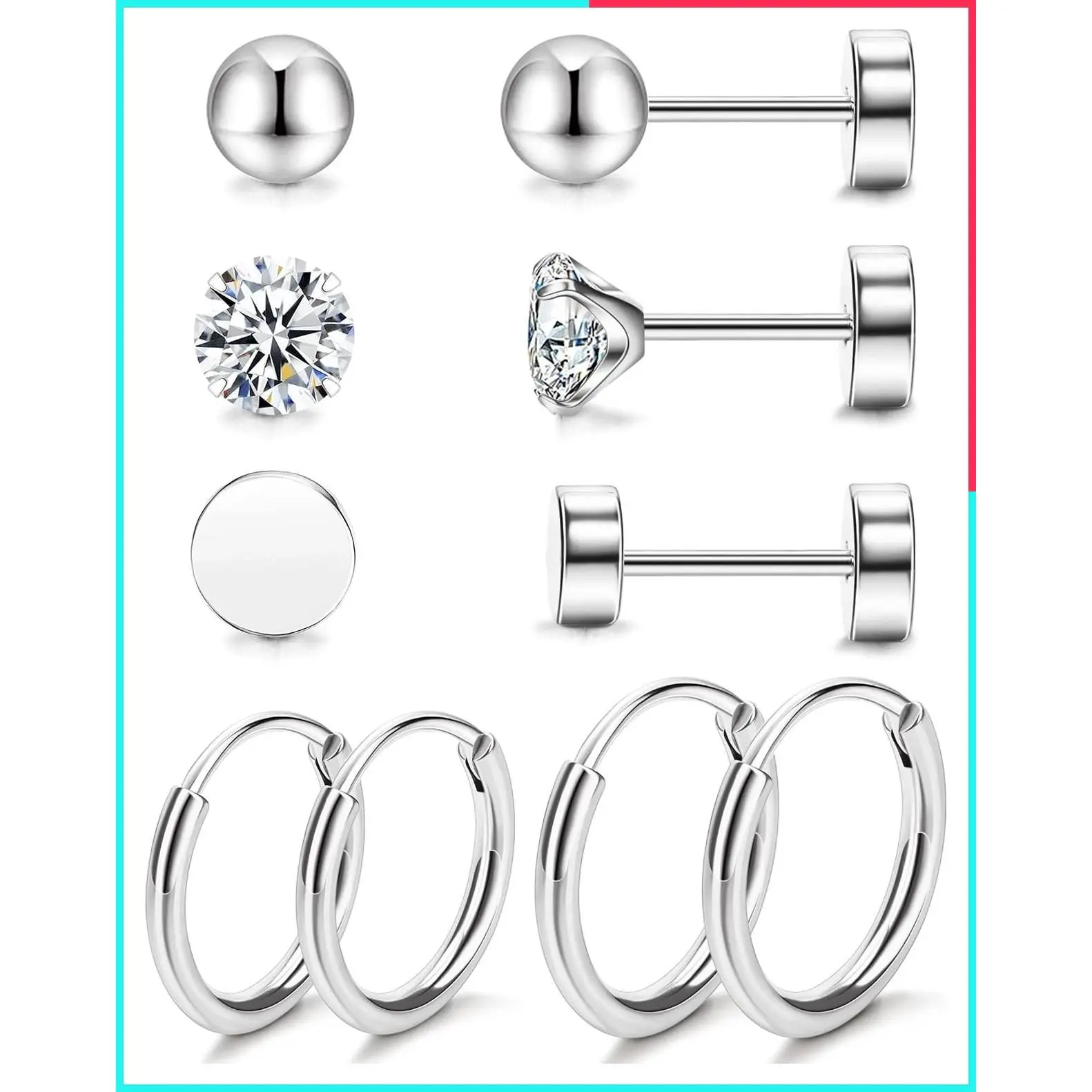 5 Pairs Pure Titanium Stud Hoop Earrings Set for Women - Dot Ball Cubic Zirconia 20 Gauge Flat Back Titanium Earrings
