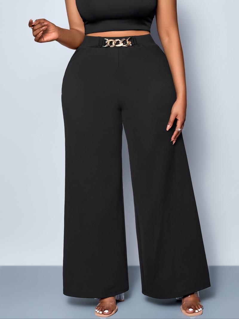 Women's Plus Size Casual Plain Wide Leg Pants, Long Fitted Kint Fabric, All Season Comfortable Clothing for Daily Wear & Travel