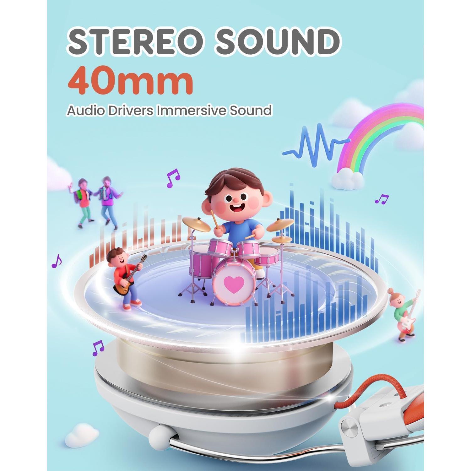 Headphones, 74/85dB Safe Volume Limit, Stereo Sound, Wired -Ear Headphones for  Boys Girls, 3.5mm Jack for Tablet, iPad, Kindle, YOTO Player, Airplane Travel, White