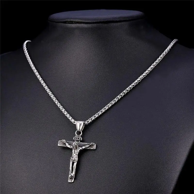 Men's Religious Jesus Crucifix Necklace, Gold-Plated Metal Cross Shape Pendent, Long Chain Necklace for Everyday Use, Wholesale Fashion Jewelry Gifts