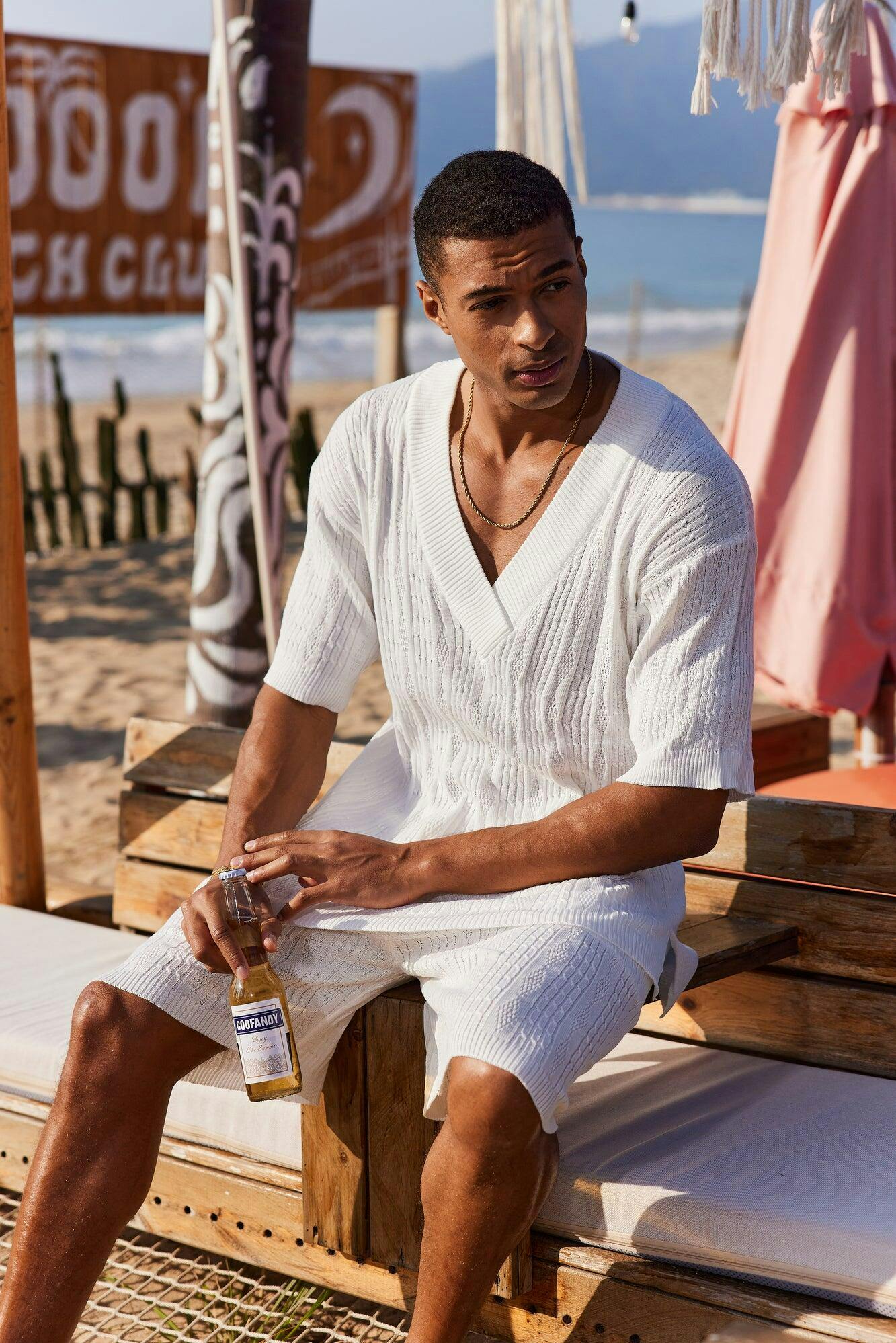 COOFANDY Casual Cable Knit T-shirt Set Stylish V-neck Short-Sleeves Drop-Shoulder