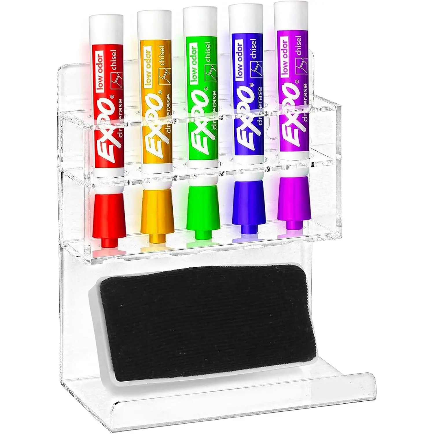 Clear  Whiteboard Marker Organizer, Wall Mounted, 5 Slots | Space-saving wall organizer keeps markers and erasers neatly stored for classrooms, offices, meeting spaces and