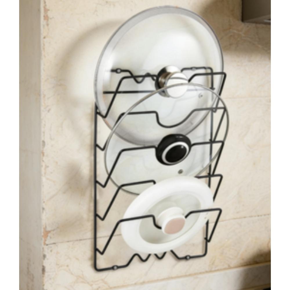 Sturdy hooks for hanging pot lids: a multi-layer wall-mounted storage solution suitable for pots and lids, a space-saving kitchen accessory, ideal for homes and restaurants.