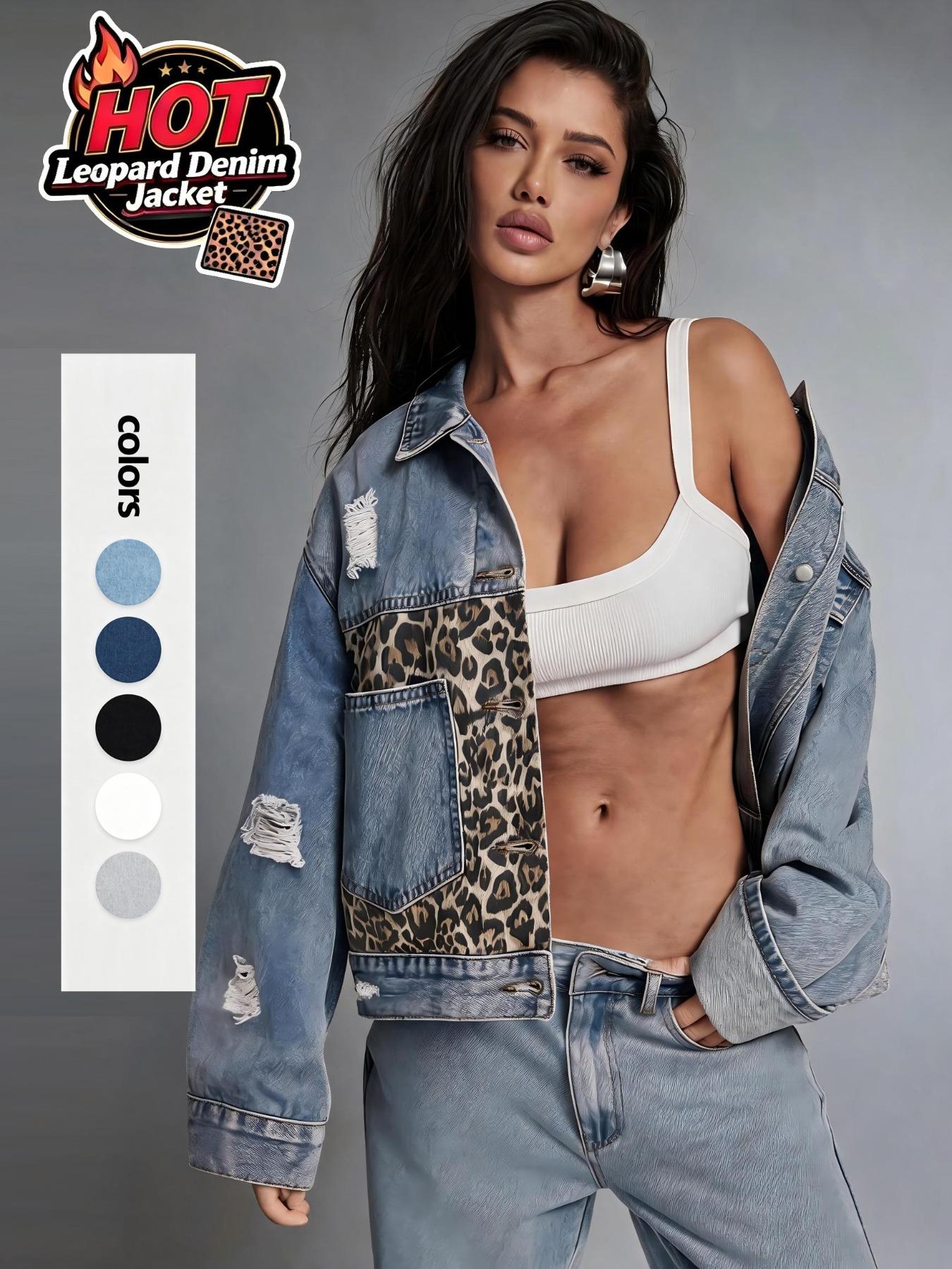 Women's Leopard Print Denim Jacket, Vintage Millennial Street Style, Loose Fit, Baggy, Long Sleeve, Button Closure, Casual Outerwear, Coats