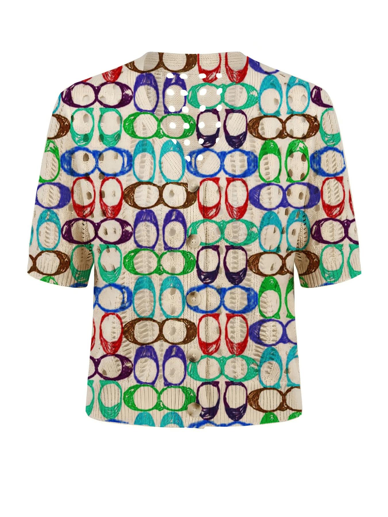 Elegant Women's Vibrant Colorblock Geometric Print Short Sleeve Knit Cardigan Button, Casual Breathable Top, Hollow Out Design, Beach Vacation Wear